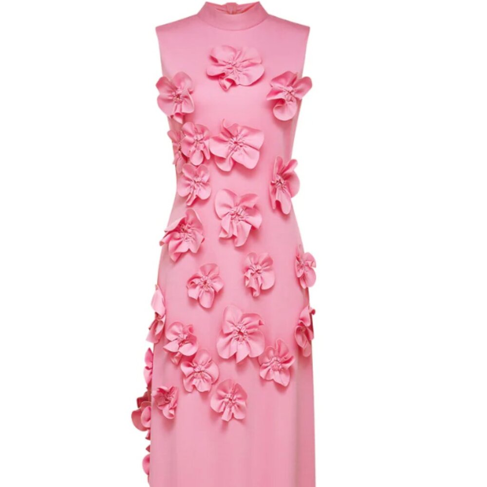 Magali Pink Sleeveless Maxi Dress with Faux Flower & Bow-Tie Embellishment